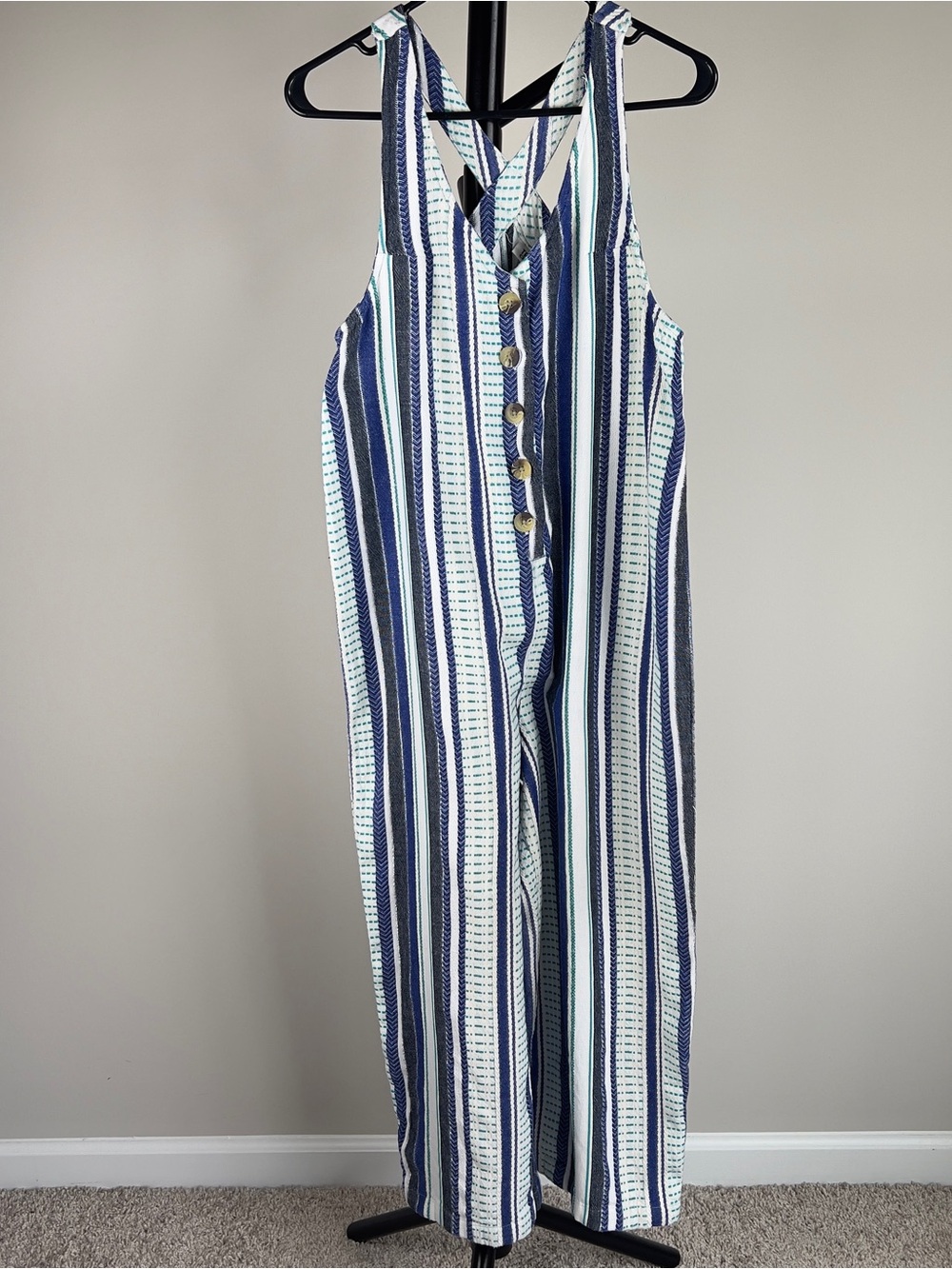 True Craft‎ Striped Wide Leg Button Front Jumpsuit